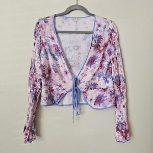 Free People Floral Tie-Front Crop Top - Pink & Lavender
